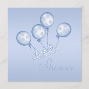 Teddy Balloons & Stork (on Back) Baby Boy Shower Invitation