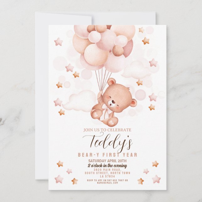 Teddy Bear 1st Birthday Bear-y First Boys Neutral Invitation (Front)