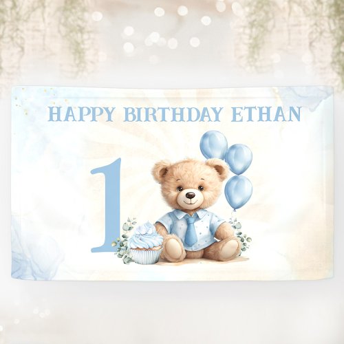 Teddy Bear 1st Birthday Blue Balloons Banner
