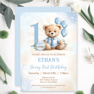 Teddy Bear 1st Birthday Blue Balloons Invitation