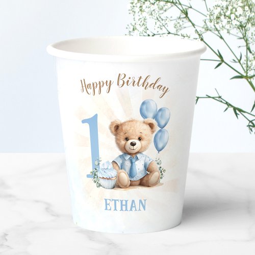 Teddy Bear 1st Birthday Blue Balloons Paper Cups