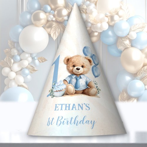 Teddy Bear 1st Birthday Blue Balloons Paper Party Hat