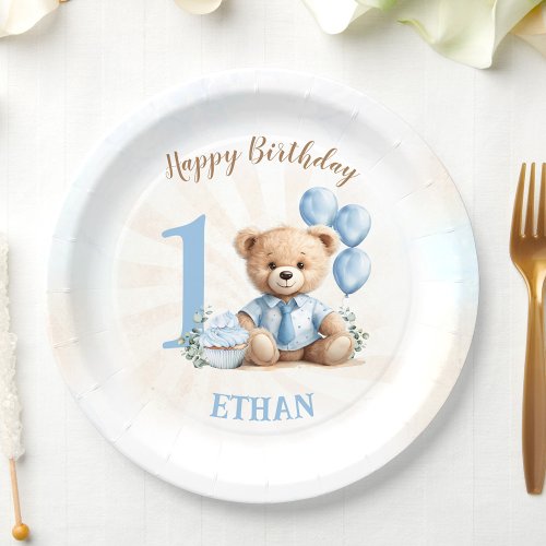 Teddy Bear 1st Birthday Blue Balloons Paper Plates
