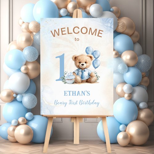Teddy Bear 1st Birthday Blue Balloons Welcome Foam Board