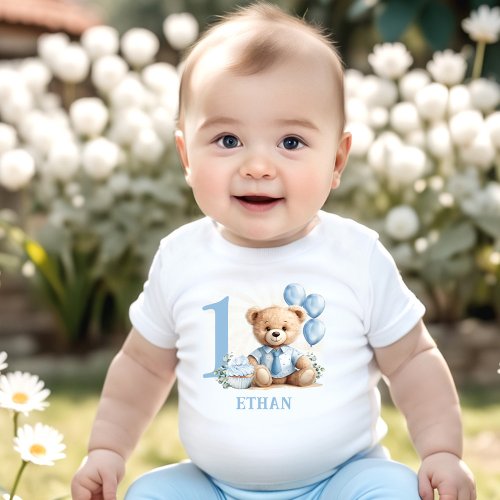 Teddy Bear 1st Birthday Blue Beige Baby T_shirt