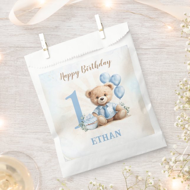 Teddy Bear 1st Birthday Blue Beige Favor Bags (Clipped)