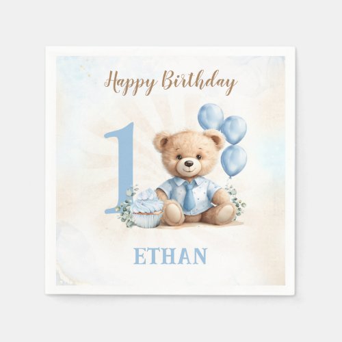 Teddy Bear 1st Birthday Blue Beige Paper Napkins