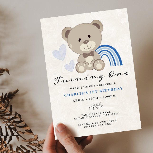Teddy Bear 1st Birthday Blue Invitation (Creator Uploaded)