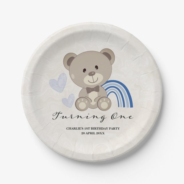 Teddy Bear 1st Birthday Blue Paper Plates (Front)