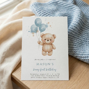 Teddy Bear 1st Birthday Blue Watercolor Invitation