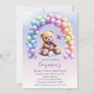 Teddy Bear 1st Birthday Colorful Balloons Invitation