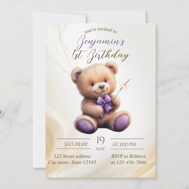 Teddy Bear 1st Birthday Colorful Balloons Invitation (Front)