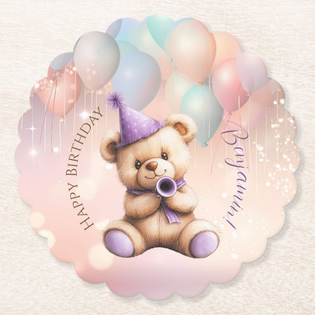 Teddy Bear 1st Birthday Colorful Balloons Paper Coaster (Front)