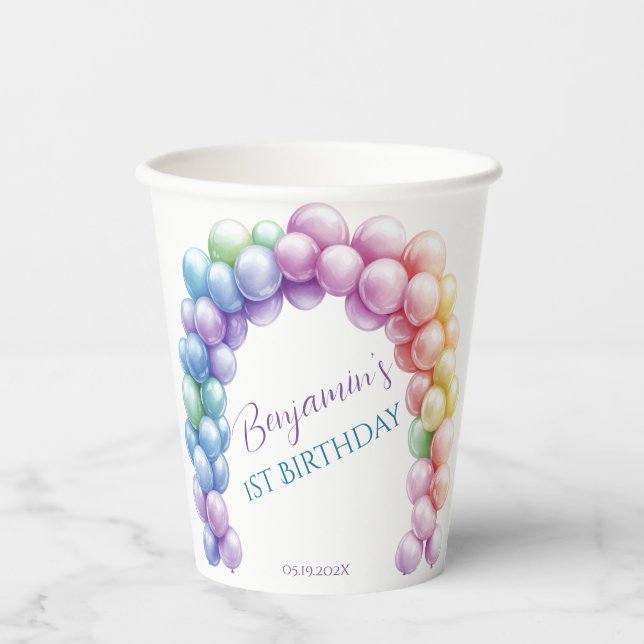 Teddy Bear 1st Birthday Colorful Balloons Paper Cups (Front)