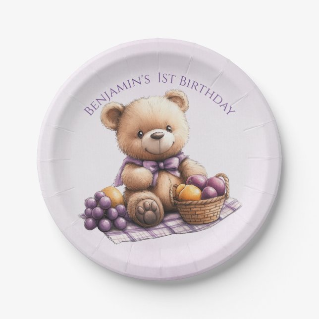 Teddy Bear 1st Birthday Colorful Balloons Paper Plates (Front)