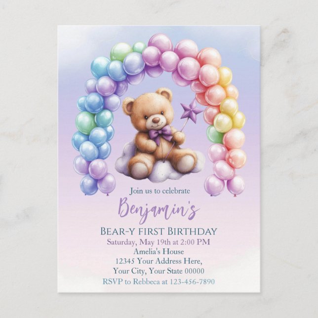 Teddy Bear 1st Birthday Colorful Balloons Postcard (Front)