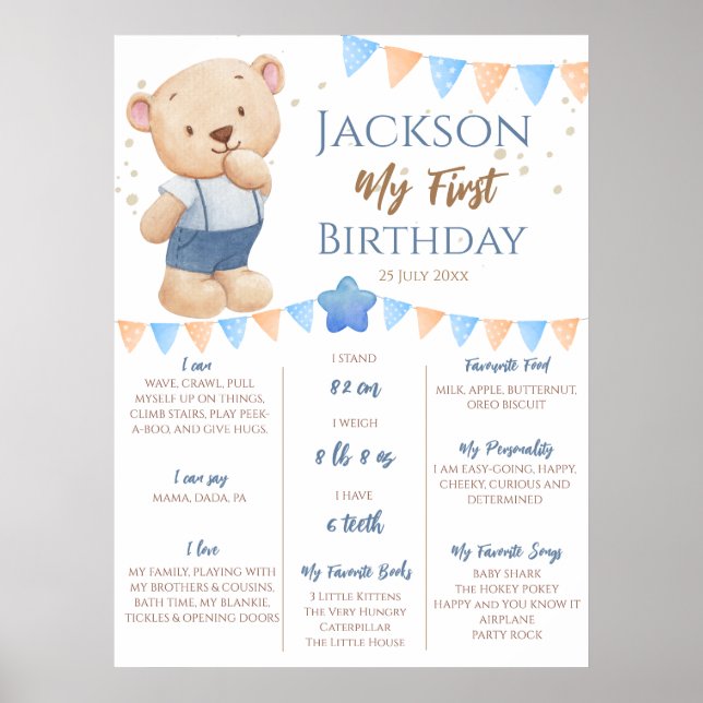 Teddy Bear 1st Birthday Milestone personalized Poster (Front)