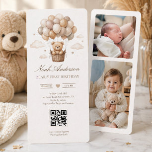 Teddy Bear 1st Birthday   Neutral Boho Theme QR  Invitation