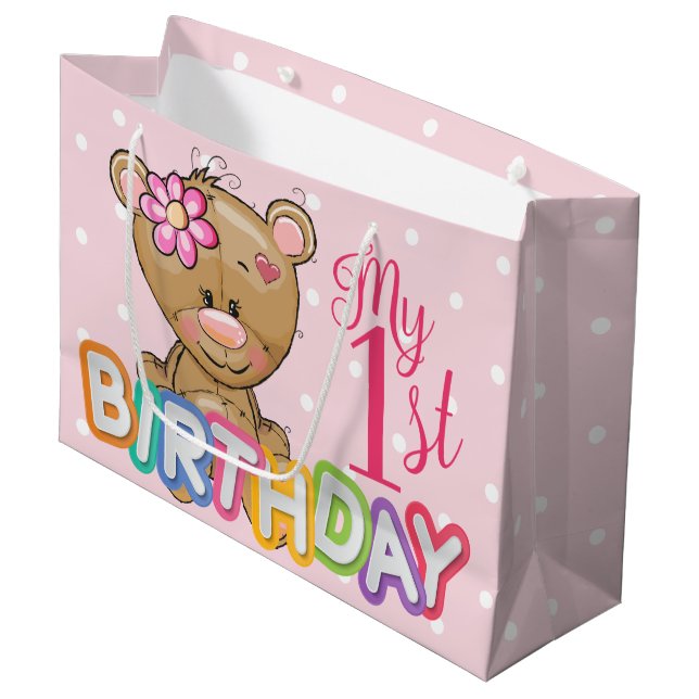 Teddy Bear 1st Birthday Party Custom Large Gift Bag (Front Angled)