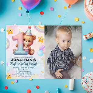 Teddy Bear 1st Birthday Photo Personalized Baby  Invitation