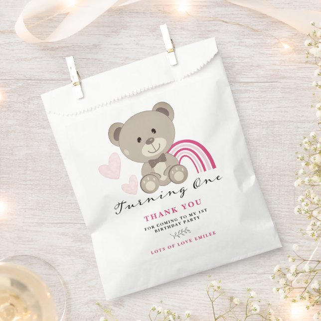 Teddy Bear 1st Birthday Pink Favor Bag (Clipped)