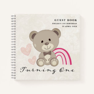 Teddy Bear 1st Birthday Pink Guestbook Notebook