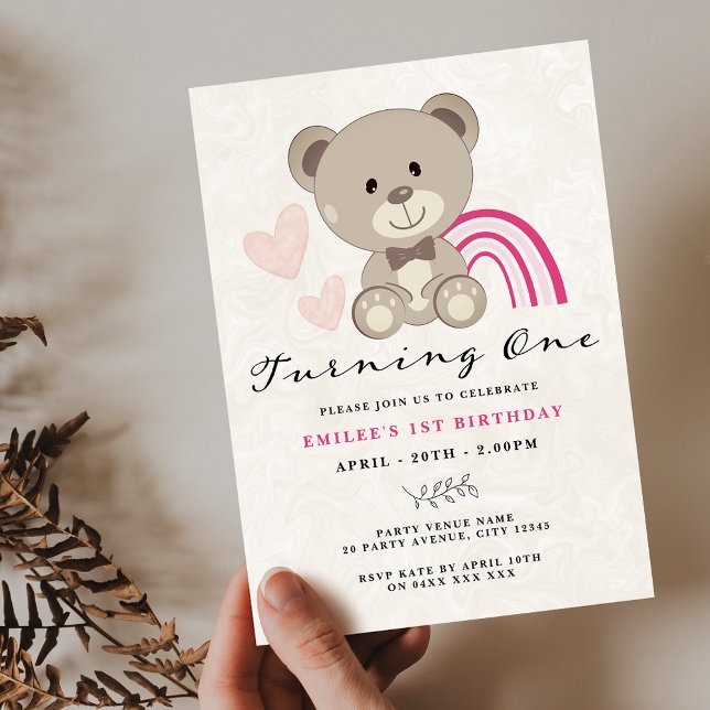 Teddy Bear 1st Birthday Pink Invitation (Creator Uploaded)