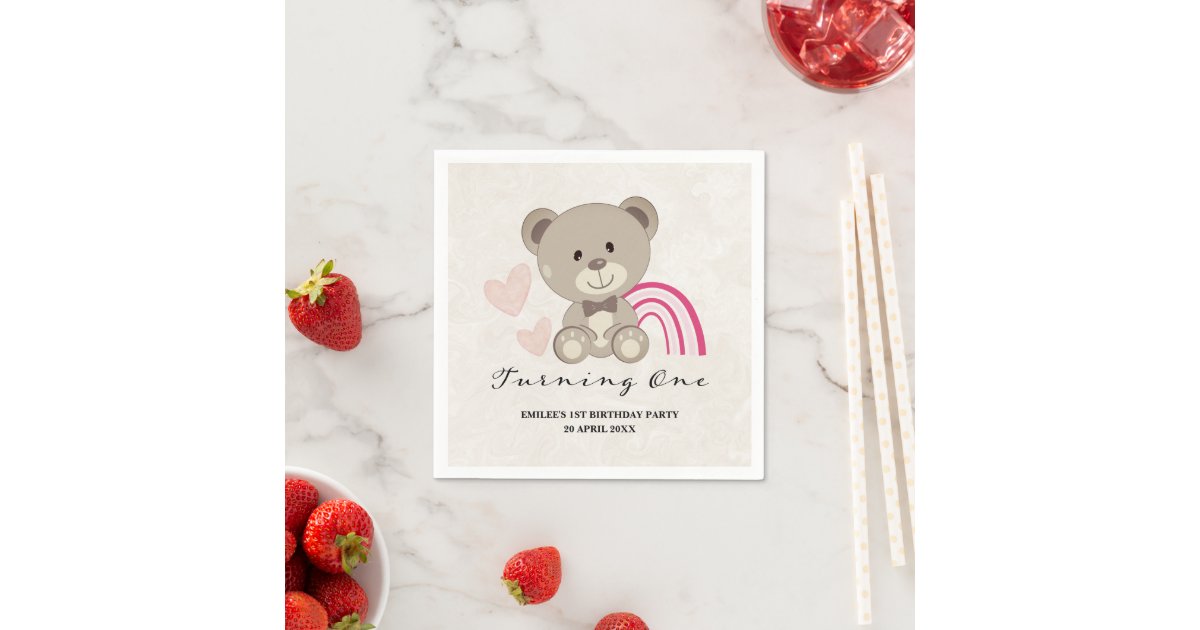 Teddy Bear 1st Birthday Pink Napkins | Zazzle