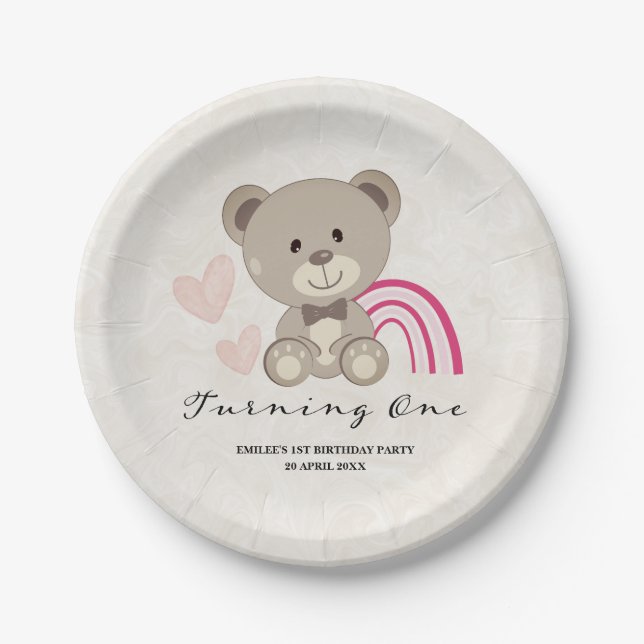 Teddy Bear 1st Birthday Pink Paper Plates (Front)