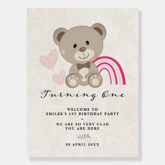 Teddy Bear 1st Birthday Welcome Sign Pink | Zazzle