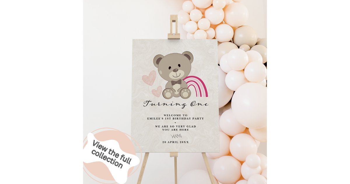 Teddy Bear 1st Birthday Welcome Sign Pink | Zazzle