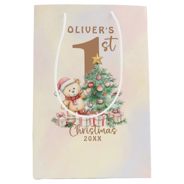 Teddy Bear 1st Christmas with Tree and Gifts Medium Gift Bag (Front)