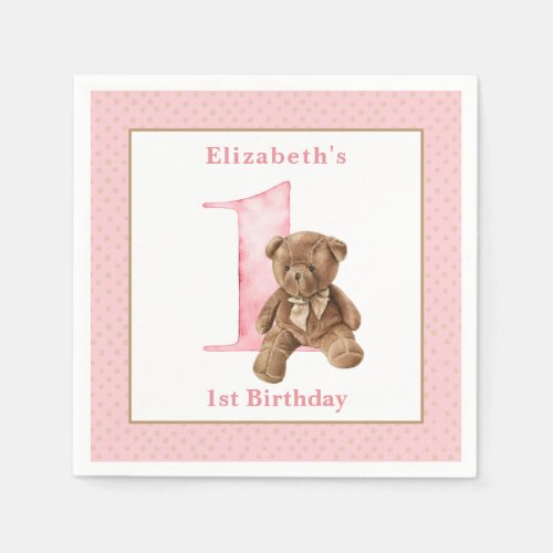 Teddy Bear 1st Girl Birthday Paper Napkin