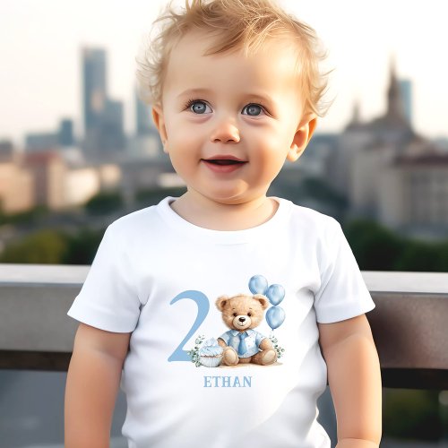 Teddy Bear 2nd Birthday Name Blue Toddler T_shirt