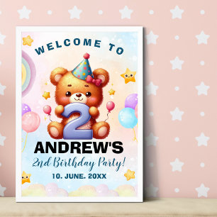 Teddy Bear 2nd Birthday Party   Cute Watercolor be Poster