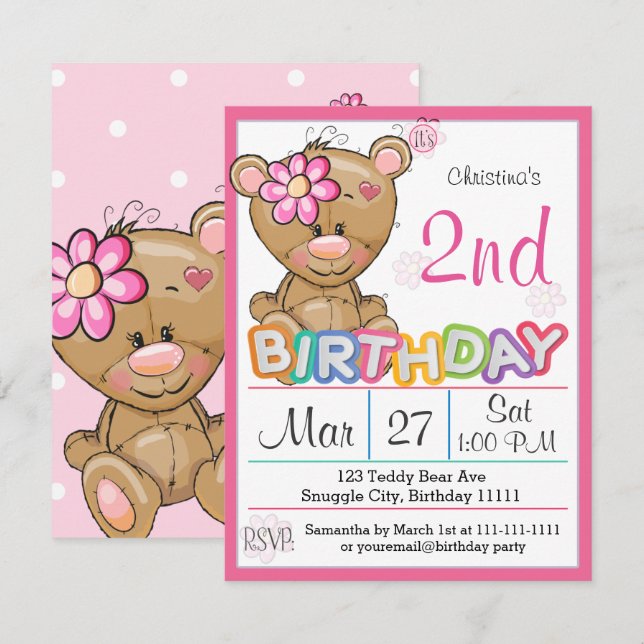 Teddy Bear 2nd Birthday Party  Invitation (Front/Back)