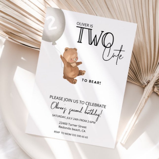 Teddy bear 2nd birthday TWO cute to bear Invitation (Teddy Bear Inviation, TWO CUTE TO BEAR birthday invitation)