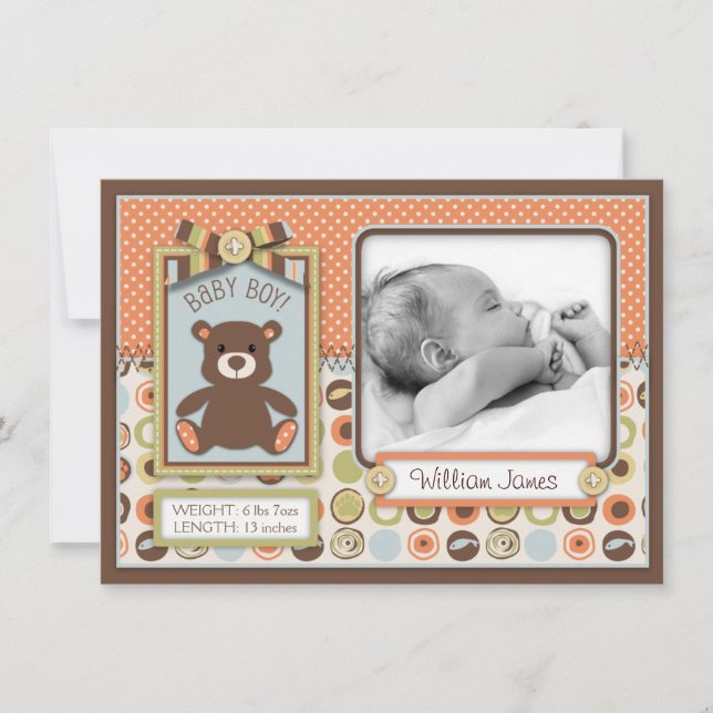 Teddy Bear 3D-look Bow & Button Birth Announcement (Front)