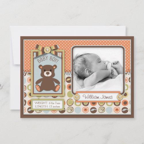 Teddy Bear 3D-look Bow &amp; Button Birth Announcement