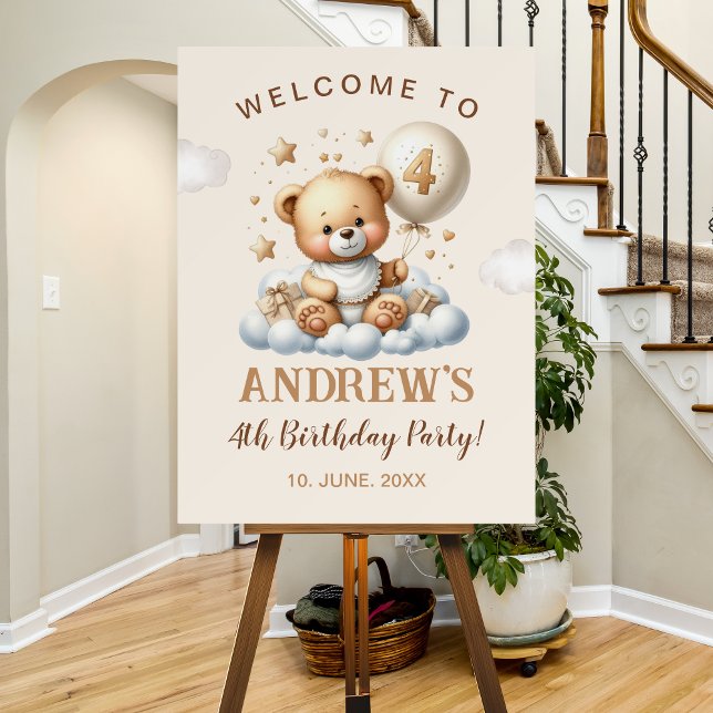 Teddy Bear 4th Birthday Party Decoration Foam Board (Creator Uploaded)