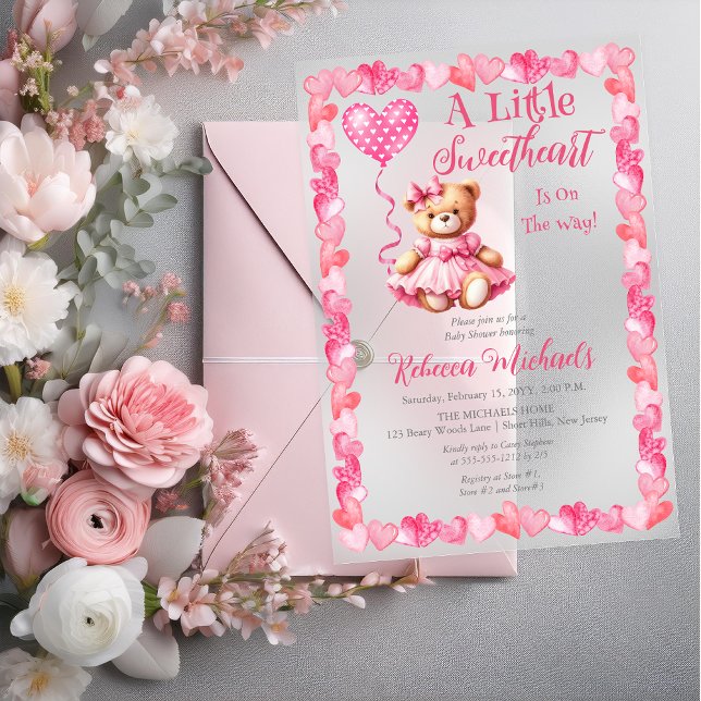 Teddy Bear A Little Sweetheart Girl Baby Shower Acrylic Invitations (Teddy Bear "A Little Sweetheart Is On The Way!" Hearts Frame Girl Baby Shower Acrylic Invitation)