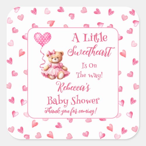 Teddy Bear A Little Sweetheart Girl Baby Shower Square Sticker