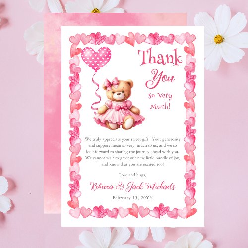 Teddy Bear A Little Sweetheart Girl Baby Shower Thank You Card
