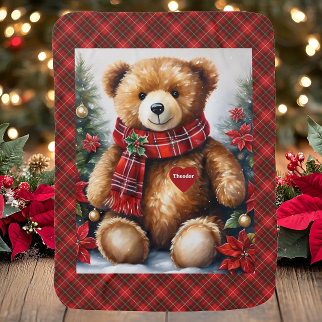 Teddy Bear Add Child's Name To His Heart Christmas Baby Blanket (Creator Uploaded)