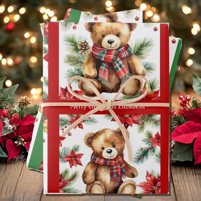 Teddy Bear Add Name Cute Christmas 3 Wrapping Paper Sheets (Creator Uploaded)