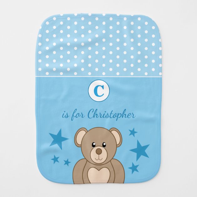 Teddy Bear add name for kids blue and white Baby Burp Cloth Zazzle