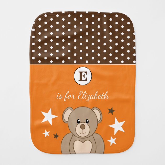 Teddy Bear add name for kids brown and orange Baby Burp Cloth Zazzle