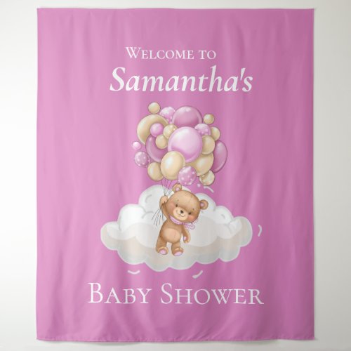 Teddy Bear  Adventure Pink Balloons  Baby Shower  Tapestry