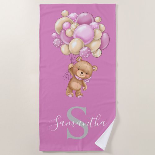 Teddy Bear Adventure Pink Balloons   Beach Towel