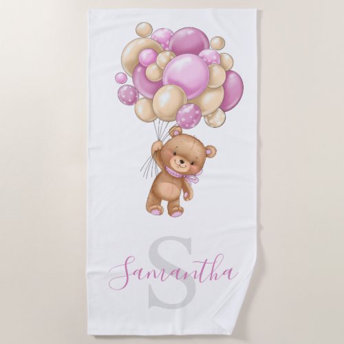 Teddy Bear Adventure Pink Balloons   Beach Towel